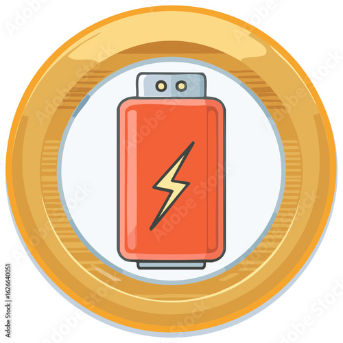 Vibrant orange battery icon with lightning bolt symbol in golden circle illustrating power and energy