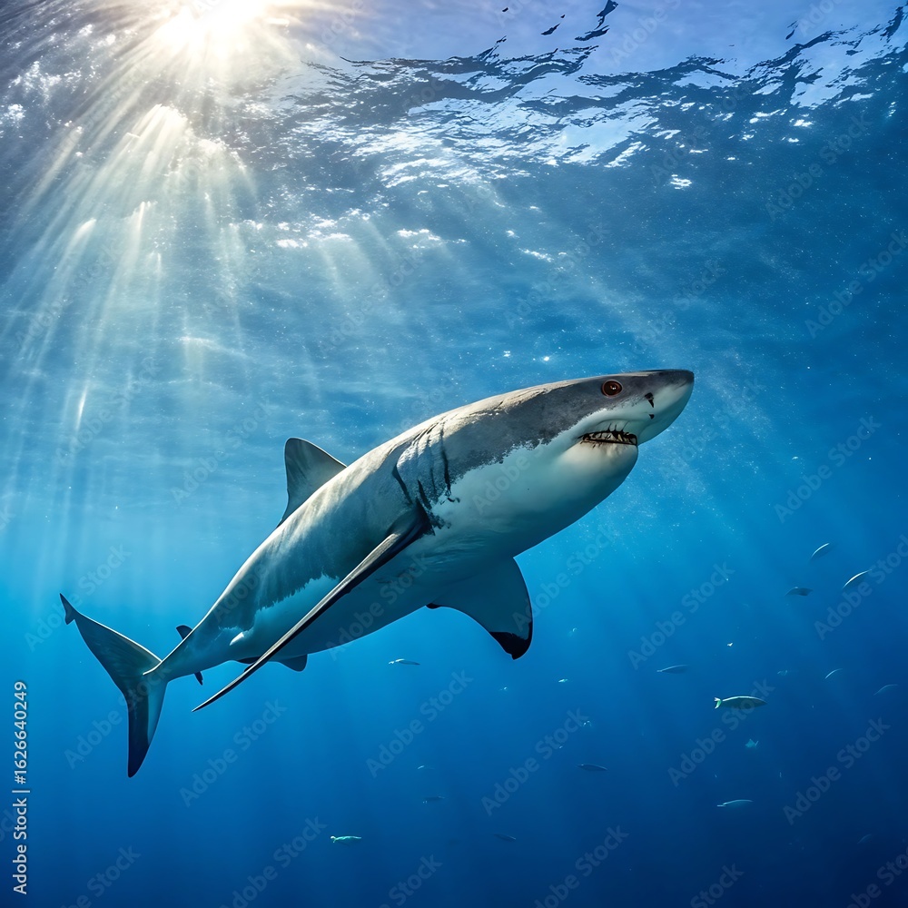 Fototapeta premium Great white shark swimming underwater in the ocean with sun rays shining down