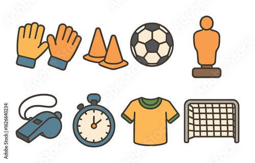 Goalkeeper Training Icons. Flat vector mini-illustrations goalkeeper practice scenes in colors children's