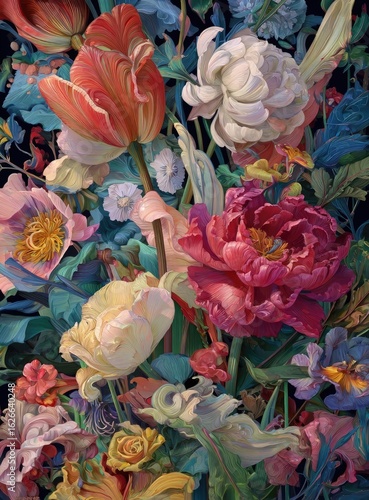 Vibrant bouquet of colorful flowers.  A profusion of tulips, peonies, roses, and other blooms in a rich palette of reds, pinks, whites, yellows, and blues.  Detailed floral forms,