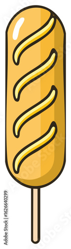 Illustration of a corn dog on a stick in a cartoon style