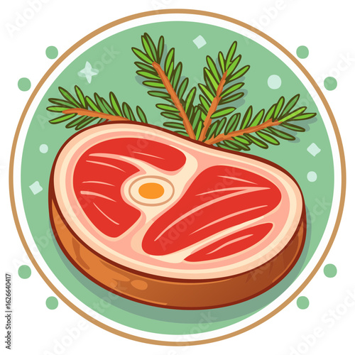Raw red meat steak with bone and green herb sprig inside a decorative circle