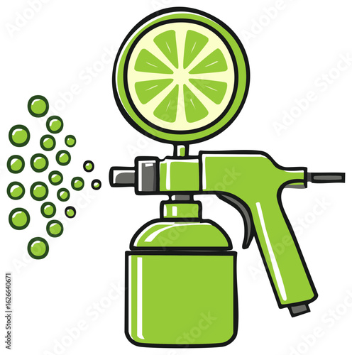 Lime Slice on Spray Gun Distributing Green Droplets, Vector Illustration