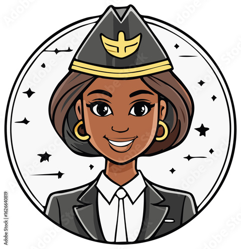 Confident Black Female Aircrew Cartoon Character Illustration