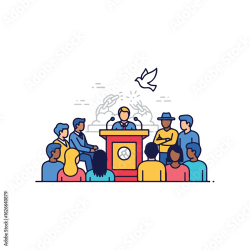 Public Speech with Dove Symbolizing Peace, Community Audience, Vector Illustration