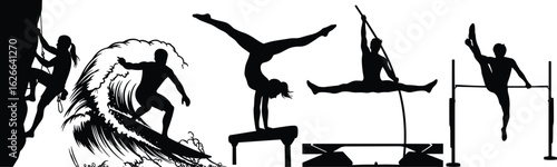 Silhouette, rock climbing, surfing, gymnastics, pole vaulting, high jump, sports, fitness, active lifestyle, adventure