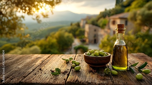 Fototapeta Naklejka Na Ścianę i Meble -  Bottle of olive oil and bowl of olives on a rustic wooden table with a tuscan landscape background