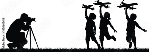 Silhouette, photographer, children, toy, airplanes, outdoor, play, nature, fun, kids, field, aviation, joy, childhood, memories, sky, grass, sunset, family, leisure