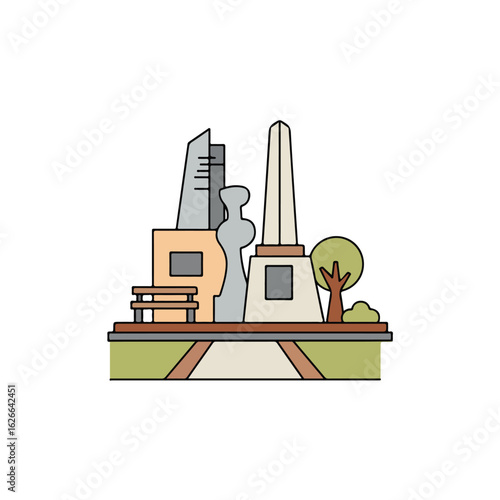 Stylized cityscape view with monuments and benches on a sunny day illustration
