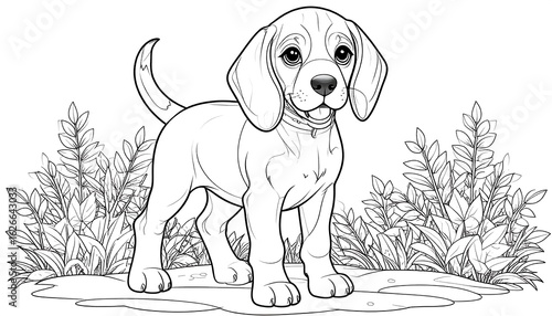 Cute Beagle puppy in grass, black and white line art