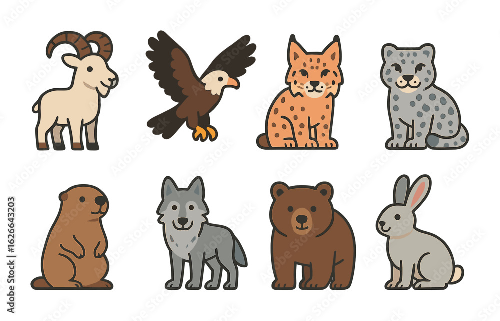Fototapeta premium Mountain Animal Icons. Flat vector mini-illustrations animals in the mountain habitat in colors children's