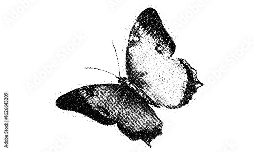Halftone stipple effect butterfly vector in grainy photocopy texture for punk grunge y2k collage and retro banner design. Nostalgic gothic 90s style, vintage dots, sticker, and bitmap texture