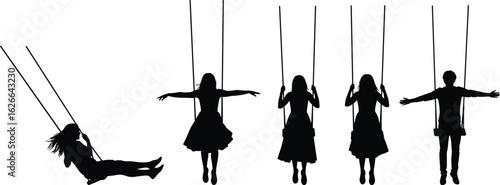 Silhouetted people on swing set, black and white artwork, playful childhood moment, outdoor leisure, artistic illustration, motion and stillness