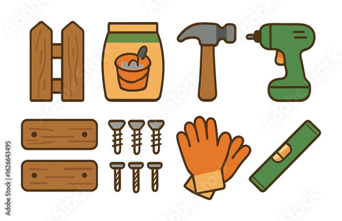 Garden Fence Tools. Flat vector mini-illustrations garden fence replacement in colors children's illustrations