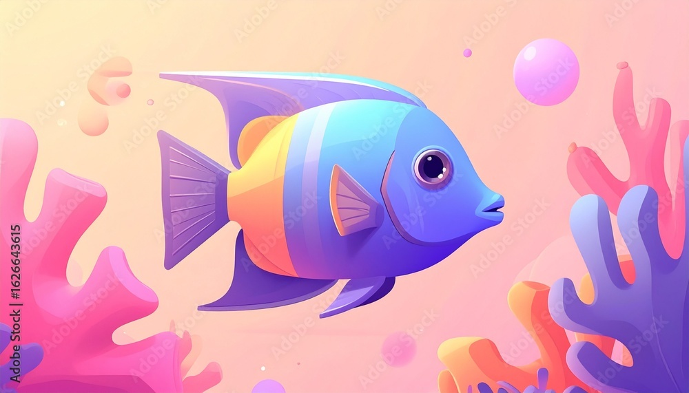 Naklejka premium A vibrant, stylized blue angelfish swims amidst pastel coral reefs and bubbles.