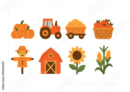 Pumpkin Farm Adventure. Flat vector mini-illustrations family visit to pumpkin farm in colors children's