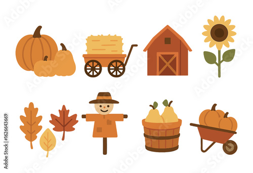 Autumn Harvest Fun. Flat vector mini-illustrations rustic pumpkin patch in colors children's illustrations: