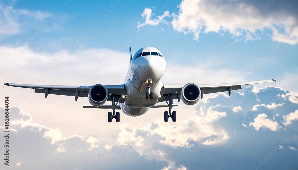 Fototapeta premium Airplane landing in cloudy sky