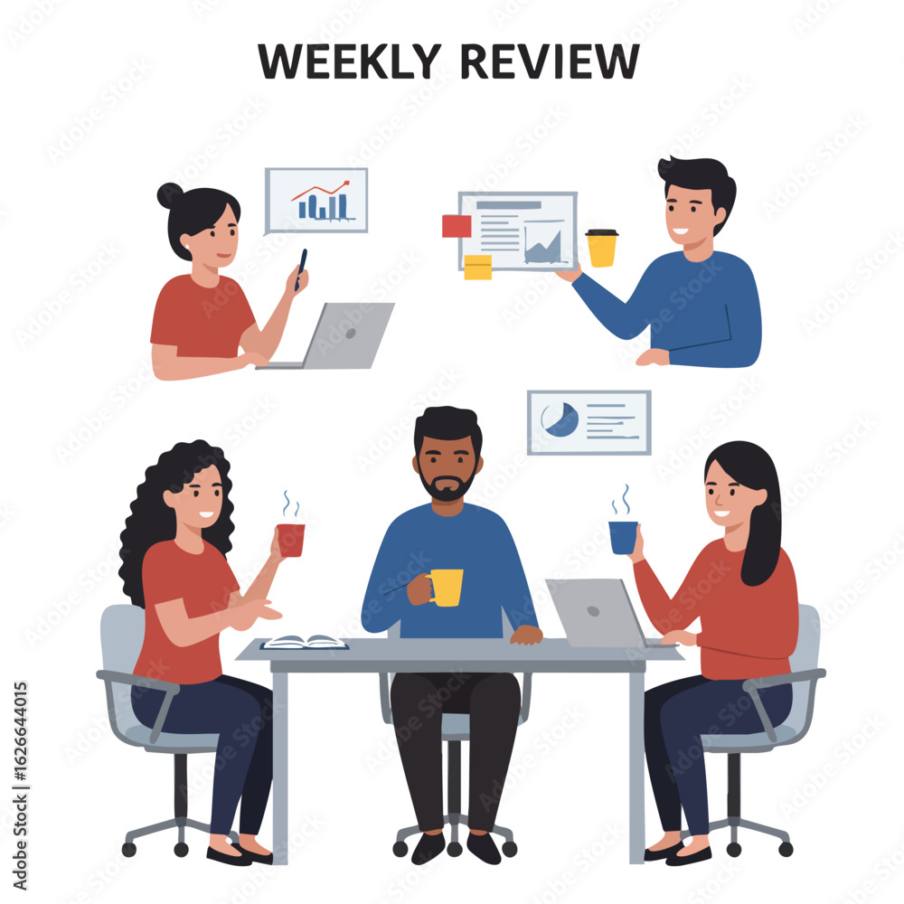 Fototapeta premium Diverse business team members collaborate in a weekly review meeting, analyzing data and discussing strategies in a modern office environment.