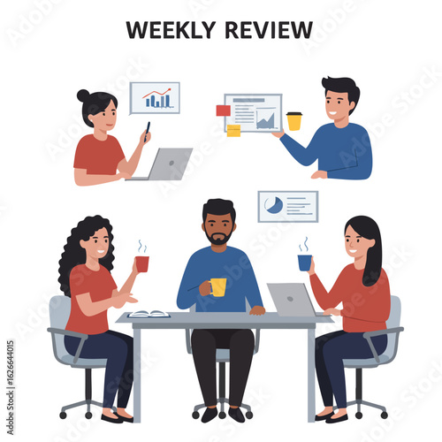 Diverse business team members collaborate in a weekly review meeting, analyzing data and discussing strategies in a modern office environment.