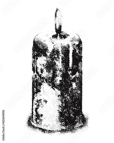 Retro stipple candle collage vector with vintage grainy photocopy texture, designed for 90s surreal psychedelic tattoos, grunge horror posters, gothic aesthetic, and hallucinogenic visual art