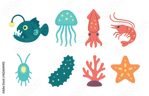 Bioluminescent Sea Creatures. Flat vector mini-illustrations bioluminescent creatures of the deep sea in