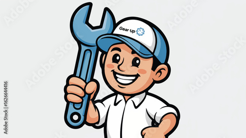 Cheerful Cartoon Mechanic Holding a Wrench Upwards