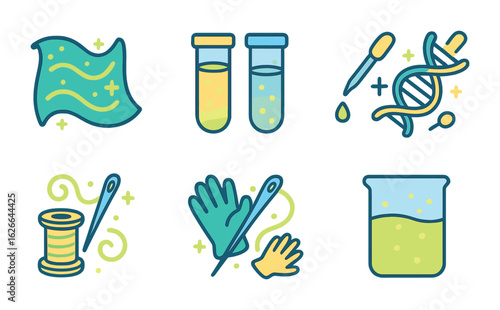 Glowing Bioengineering Materials. Flat vector mini-illustrations bioengineering glowing materials in colors