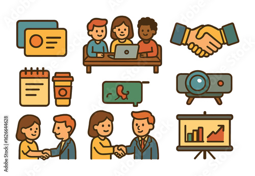 Playful Business Meeting. Flat vector mini-illustrations startup team meeting clients in colors children's