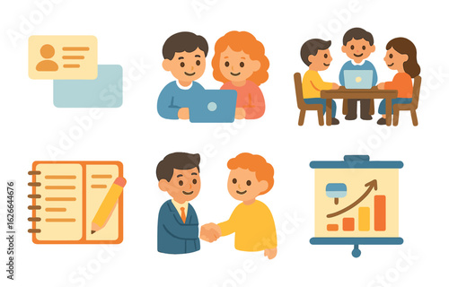 Playful Business Meeting. Flat vector mini-illustrations startup team meeting clients in colors children's