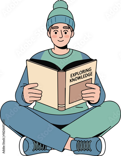 Boy Reading "Exploring Knowledge" Book, Cross-Legged