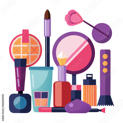 A vibrant collection of makeup and beauty products including mascara lipstick nail polish foundation compact mirror and brushes arranged in a flat design style on a white background