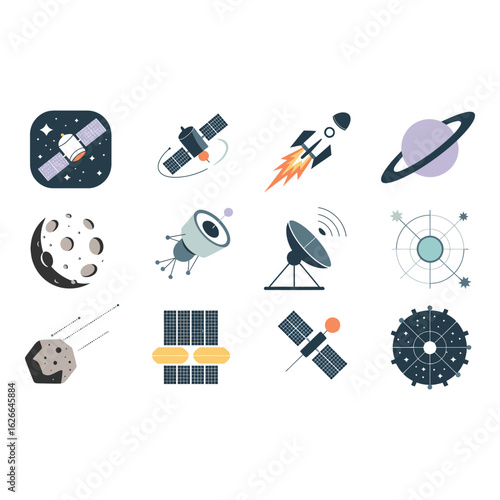 Set of space and satellite icons on white background