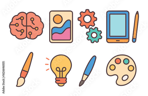 Creative Tech Icons. Flat vector mini-illustrations machine creativity in colors children's illustrations: AI
