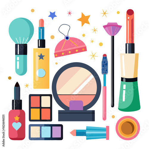 A vibrant collection of makeup essentials including lipstick mascara foundation eyeshadow and brushes adorned with playful stars and confetti perfect for beauty and fashion themes
