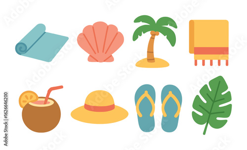 Seaside Yoga Retreat Icons. Flat vector mini-illustrations seaside yoga retreats in colors children's