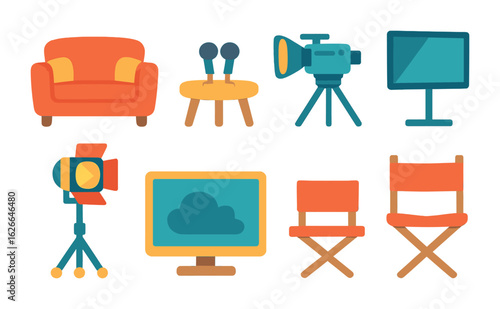 Children's Talk Show Studio. Flat vector mini-illustrations talk show studio in colors children's