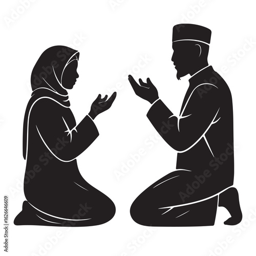 Muslim man and woman praying with detailed silhouette