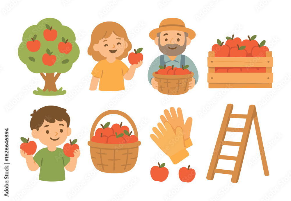 Obraz premium Joyful Apple Picking. Flat vector mini-illustrations happy apple harvest in colors children's illustrations: