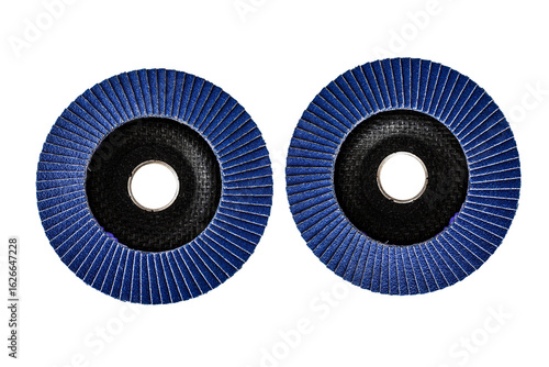 Cuadro en lienzo Pair of blue abrasive flap discs for angle grinders isolated on white background, ideal for metal grinding, sanding, and surface finishing