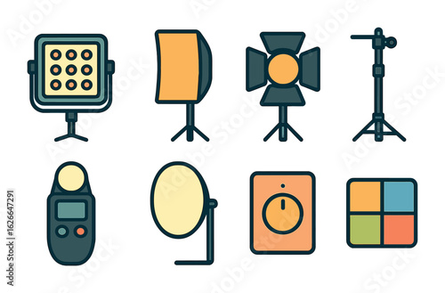 Colorful Lighting Equipment Icons. Flat vector mini-illustrations of lighting equipment in colors children's