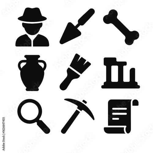 Archaeology and excavation icon collection. Simple glyph symbols for paleontology, history, and ancient discovery - the archaeologist profession.