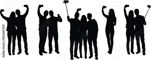 Silhouettes of people taking selfies, smartphone usage, social media trend, modern lifestyle, fun poses, group interaction, trendy photography moments