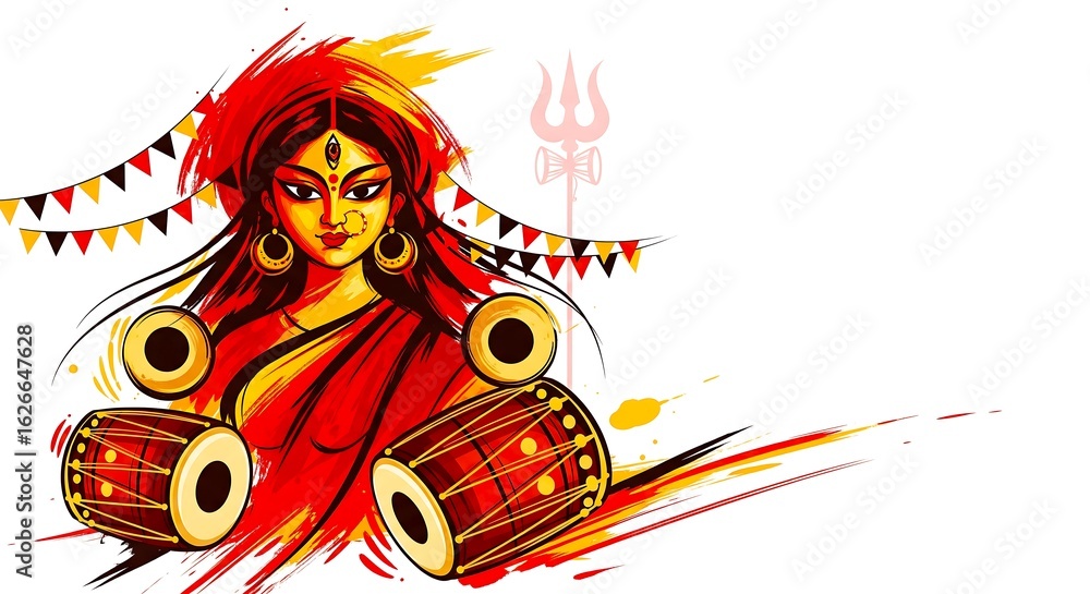 Obraz premium Artistic illustration of Goddess Durga with drums, celebrating the festival with vibrant, abstract brush strokes on a white background.