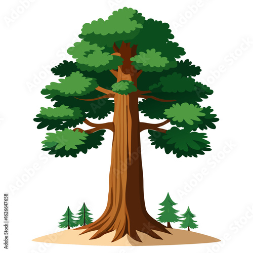 A majestic tall cartoon style redwood tree with a thick textured trunk and lush green foliage stands prominently on a sandy patch of ground with smaller evergreen trees surrounding its base