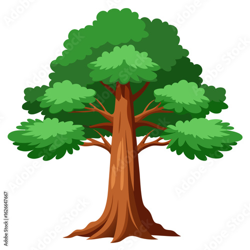A vibrant stylized cartoon illustration of a large healthy deciduous tree with a thick brown trunk and a full canopy of lush green leaves isolated on a white background