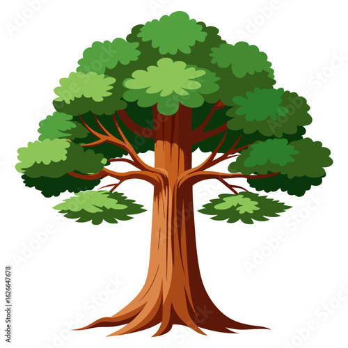 A vibrant cartoon illustration of a large mature deciduous tree with a thick trunk spreading branches and lush green foliage against a clean white background