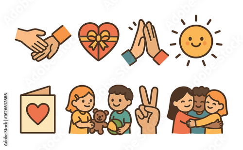 Child's Kindness Icons. Flat vector mini-illustrations of choosing kindness in colors children's illustrations