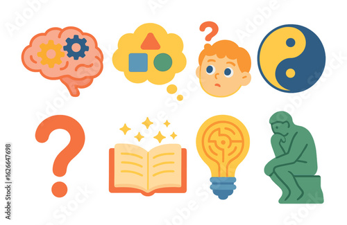 Philosophy Kids' Icons. Flat vector mini-illustrations of philosophy for kids in colors children's