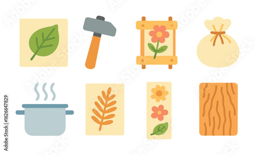 Eco-Printing Techniques Icons. Flat vector mini-illustrations of eco-printing techniques in colors children's
